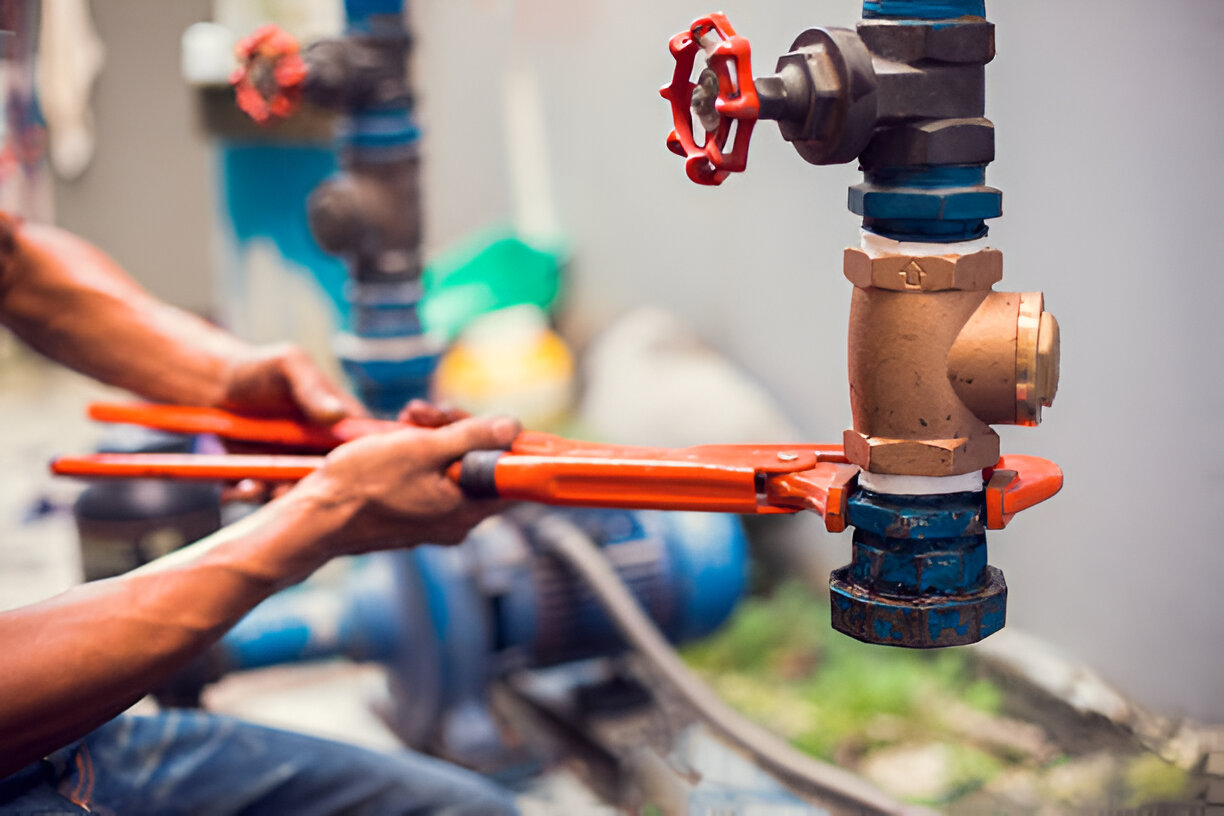 Worker using pipe wrench to adjust industrial plumbing connections