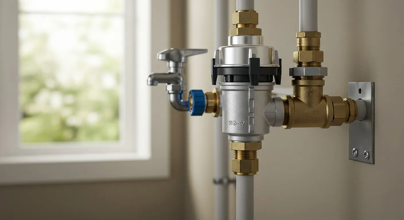 Plumbing pipes and valves connected near a window with soft light