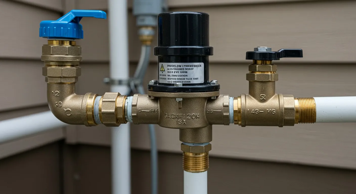 Brass plumbing valves and connections with blue and black handles