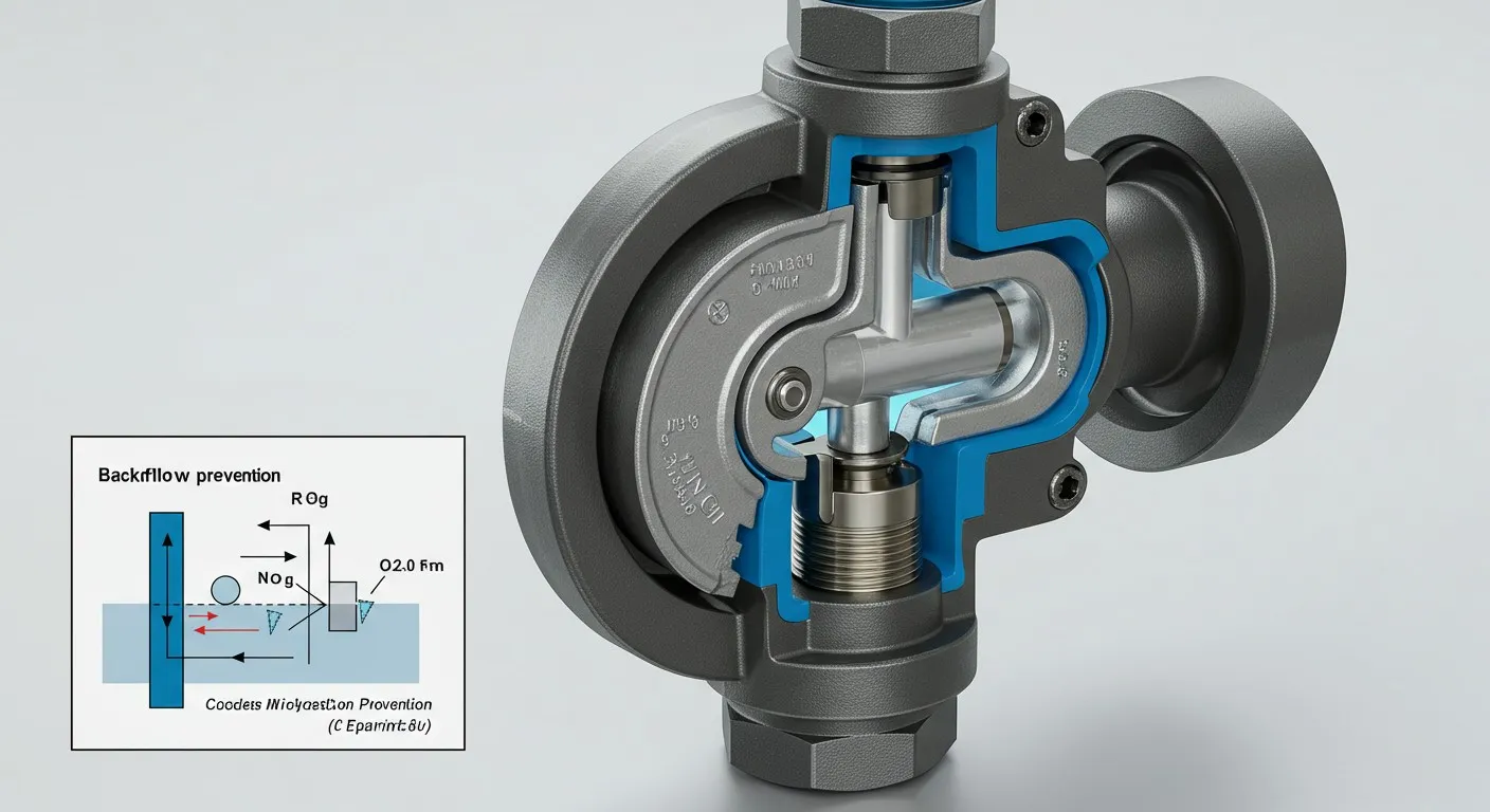 Cross-section of a metallic industrial valve with backflow prevention mechanism