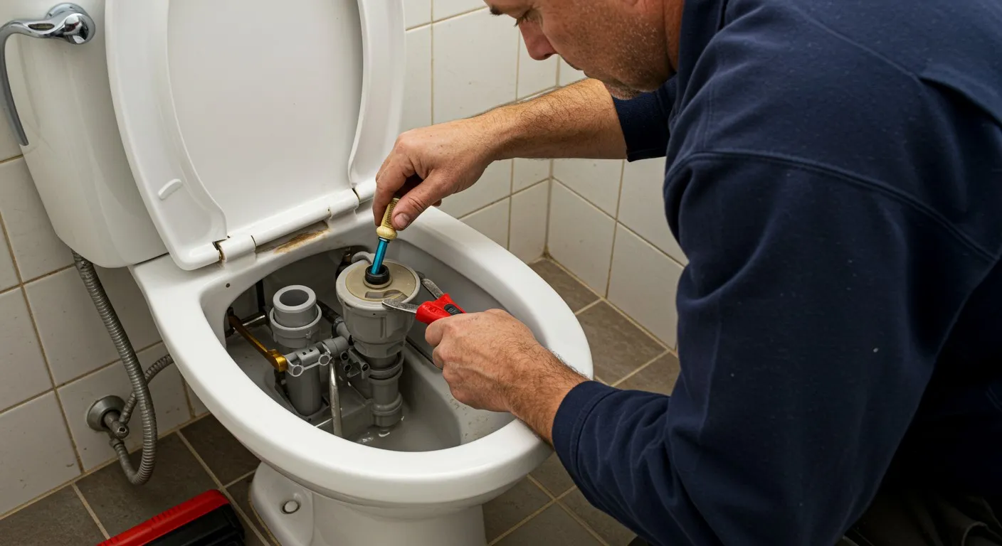 Plumber repairing toilet internals with tools in a tiled bathroom
