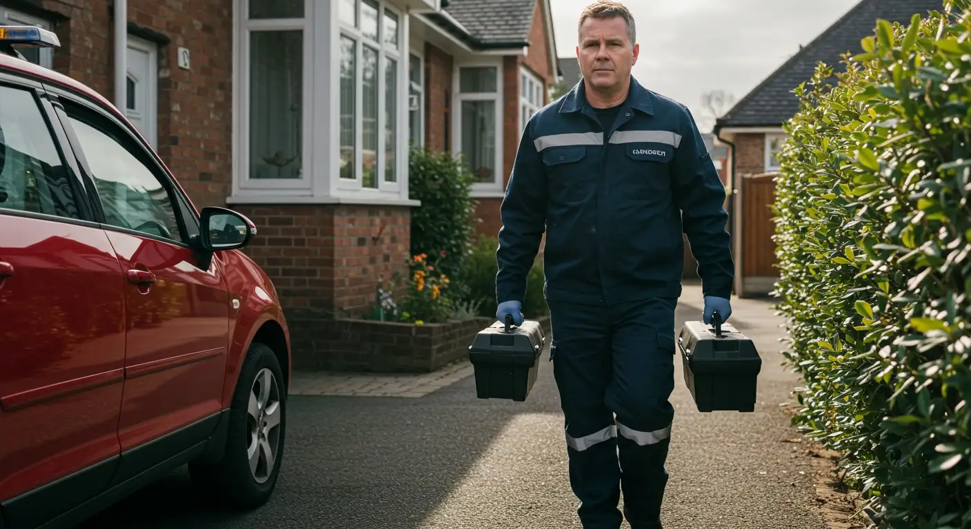 Technician in dark uniform carrying two equipment cases near red car