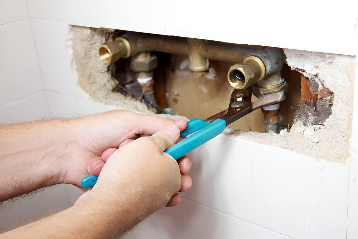 Plumber using pliers to repair water pipes behind wall opening