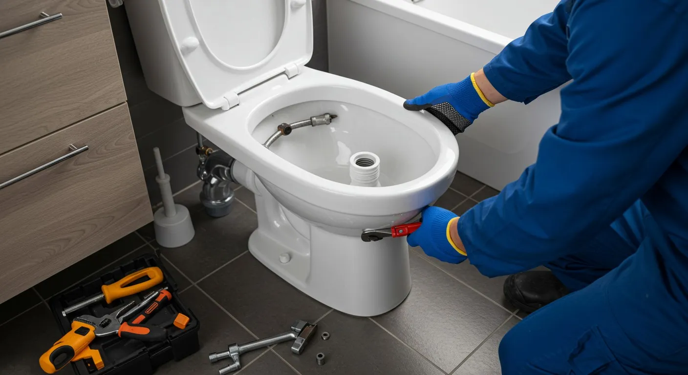 Plumber in blue uniform fixing toilet with tools on bathroom floor