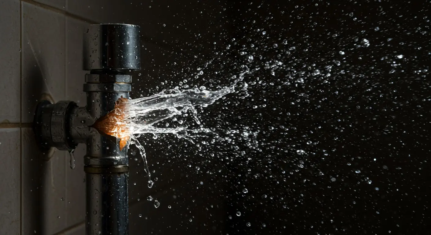 Water bursting from a pipe with dramatic spray against dark background