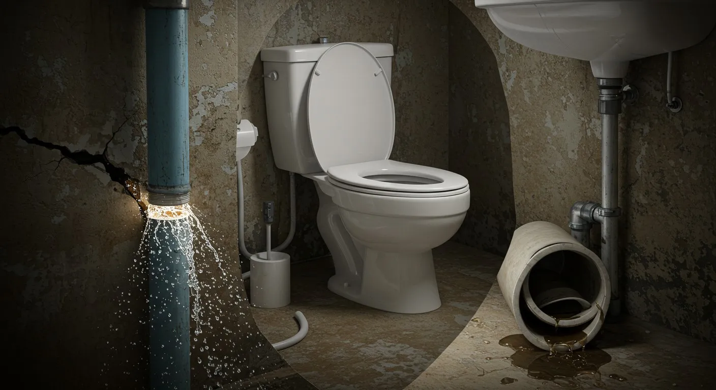 Broken pipe leaking water near toilet in old, damaged bathroom