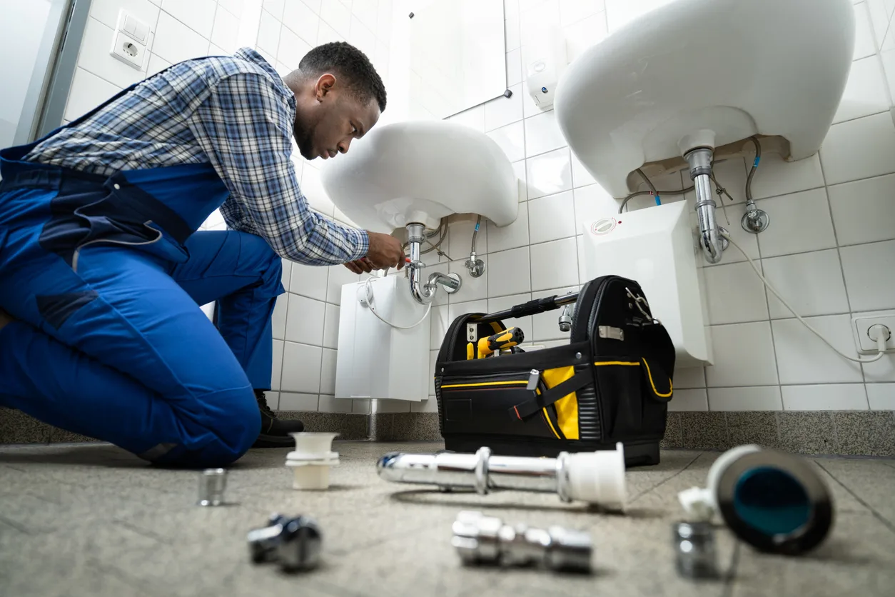 Plumber fixing sink pipes with tools in tiled bathroom