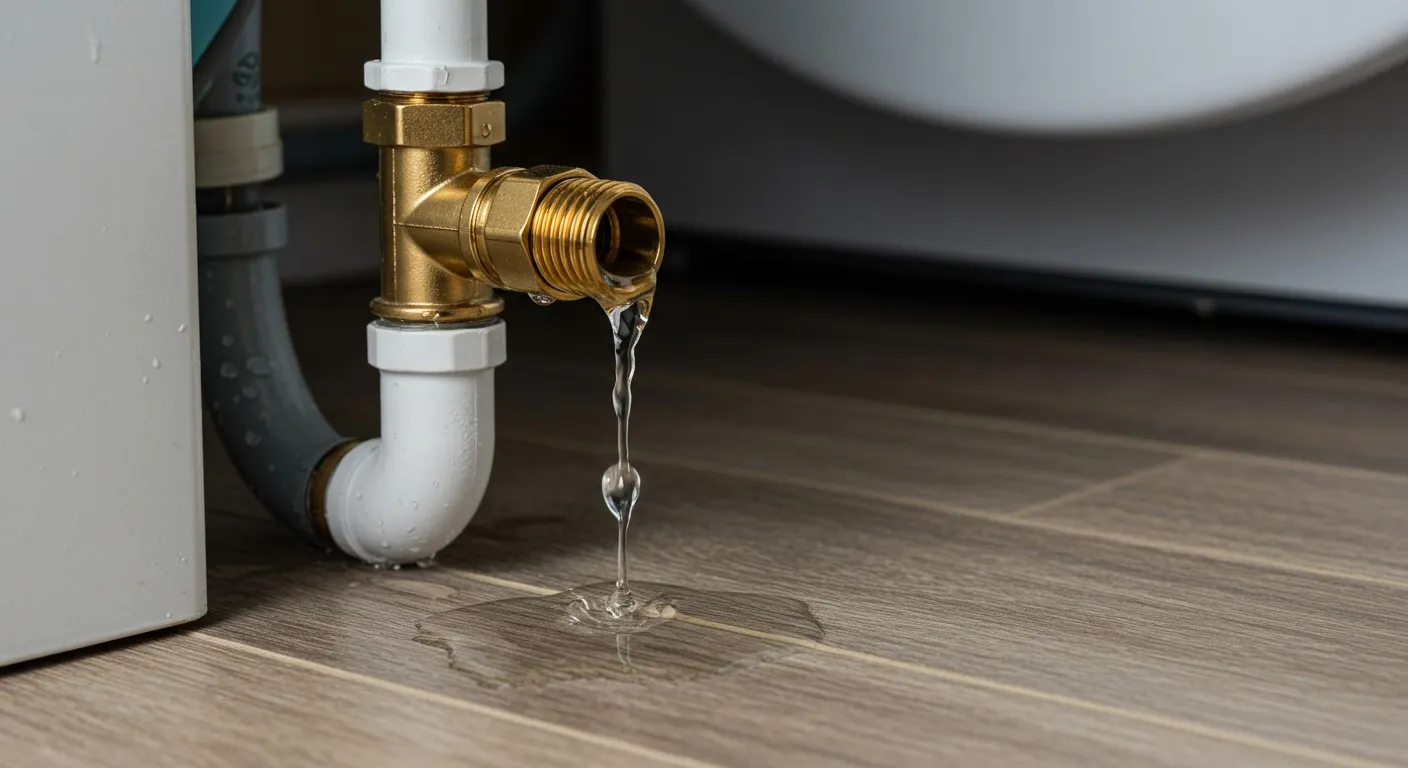 Water dripping from brass faucet onto wooden floor near white pipes