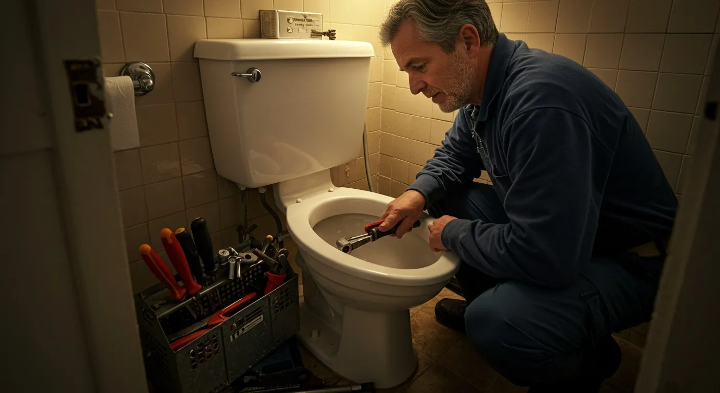 Plumber repairing toilet with tools in small bathroom