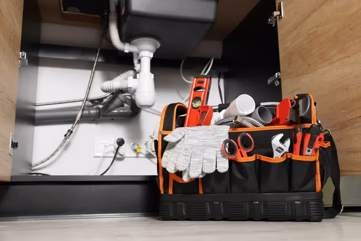 Plumbing tools and work gloves in an orange toolbag under sink pipes