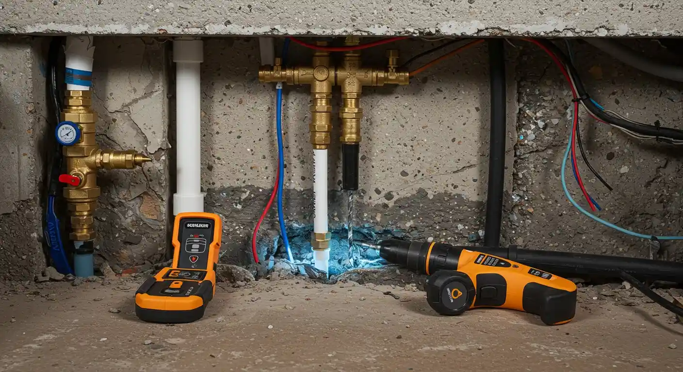 Plumbing installation with brass pipes, meters, and orange diagnostic tools