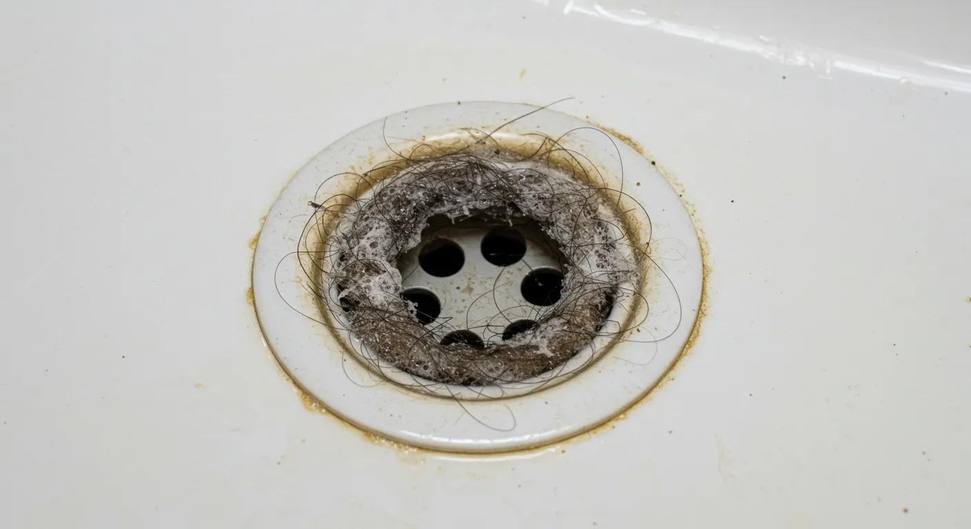 Clogged shower drain filled with hair and grime