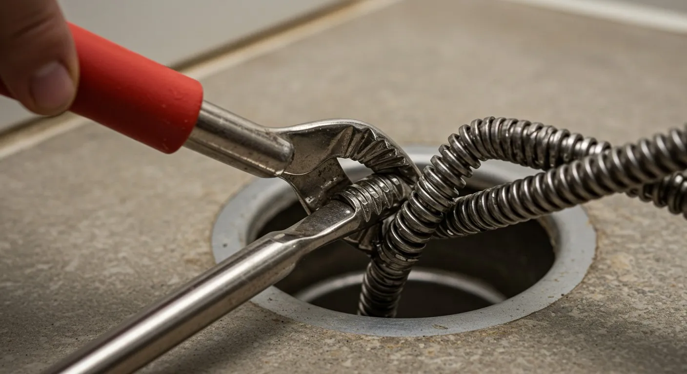 Plumbing snake tool clearing drain with red-handled metal cable