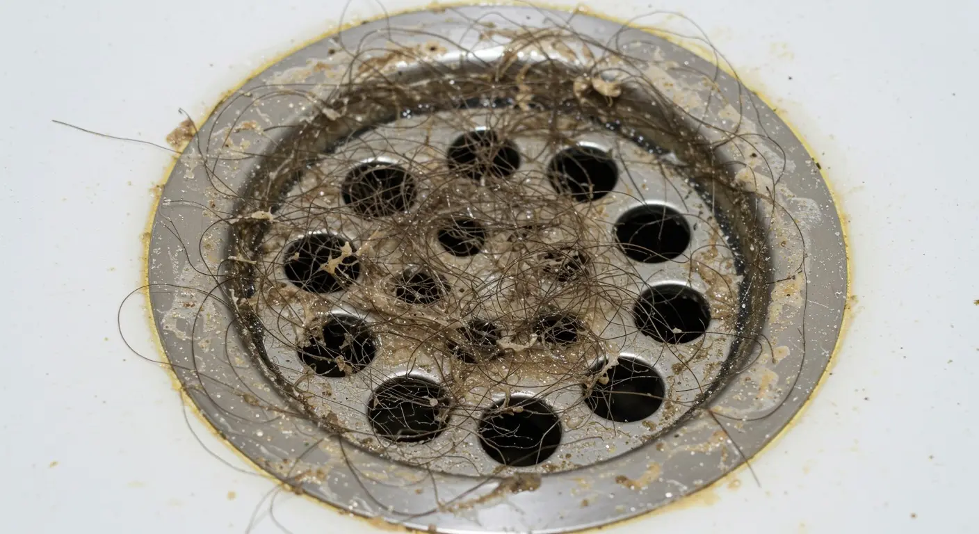 Clogged shower drain filled with tangled hair and debris