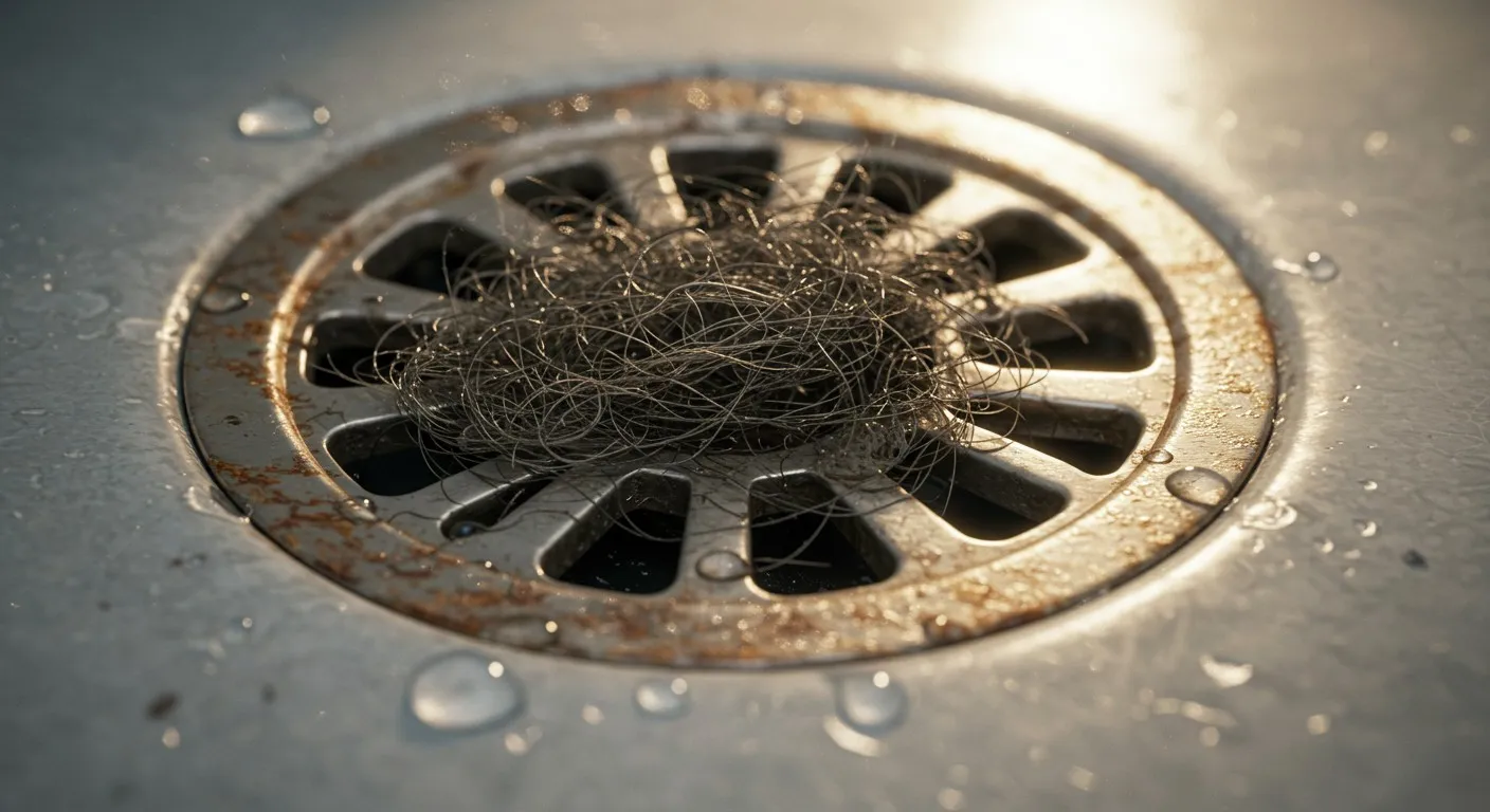 Tangled hair clogging a rusty shower drain with water droplets