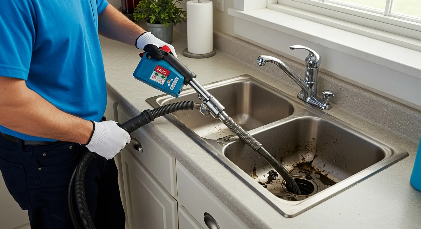Blue-shirted technician using drain cleaning tool in kitchen sink