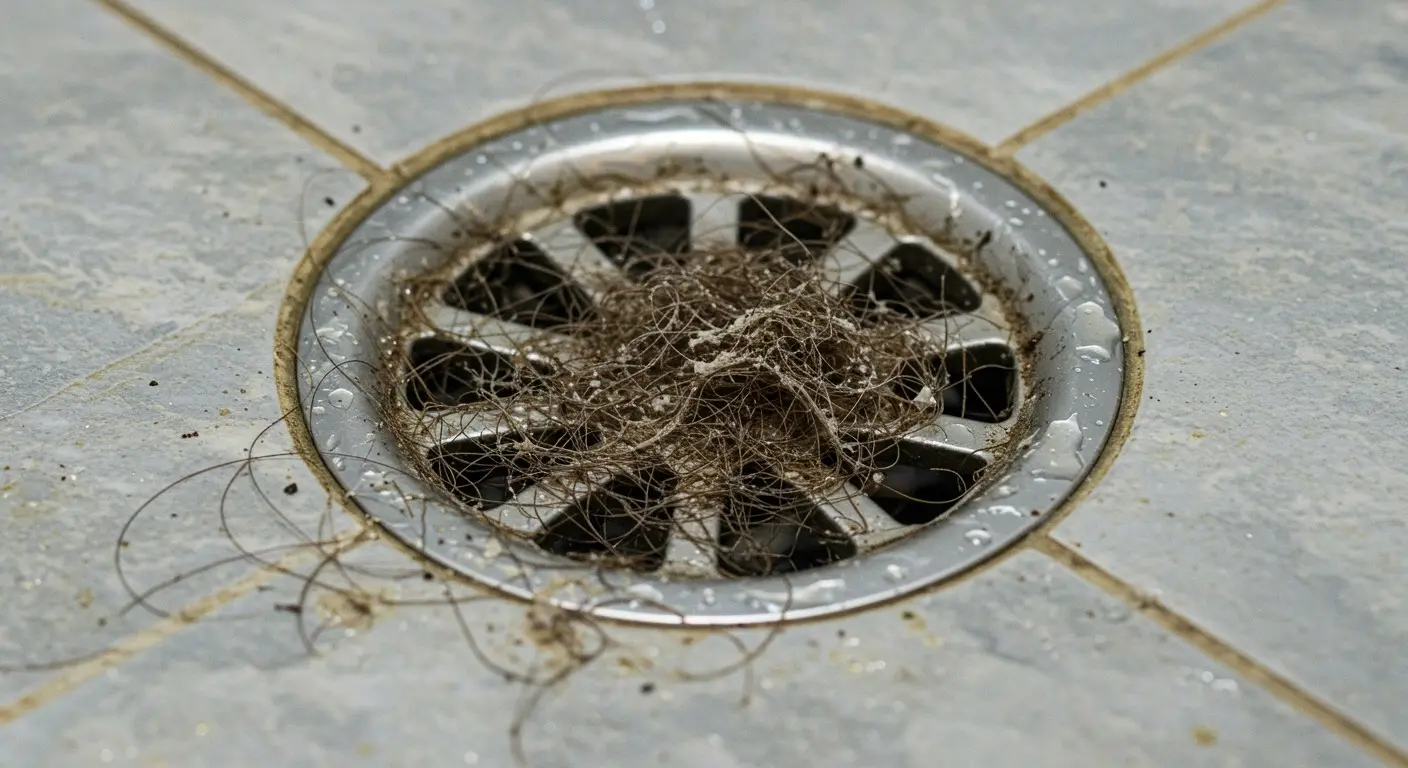 Tangled hair and debris clogging a shower drain