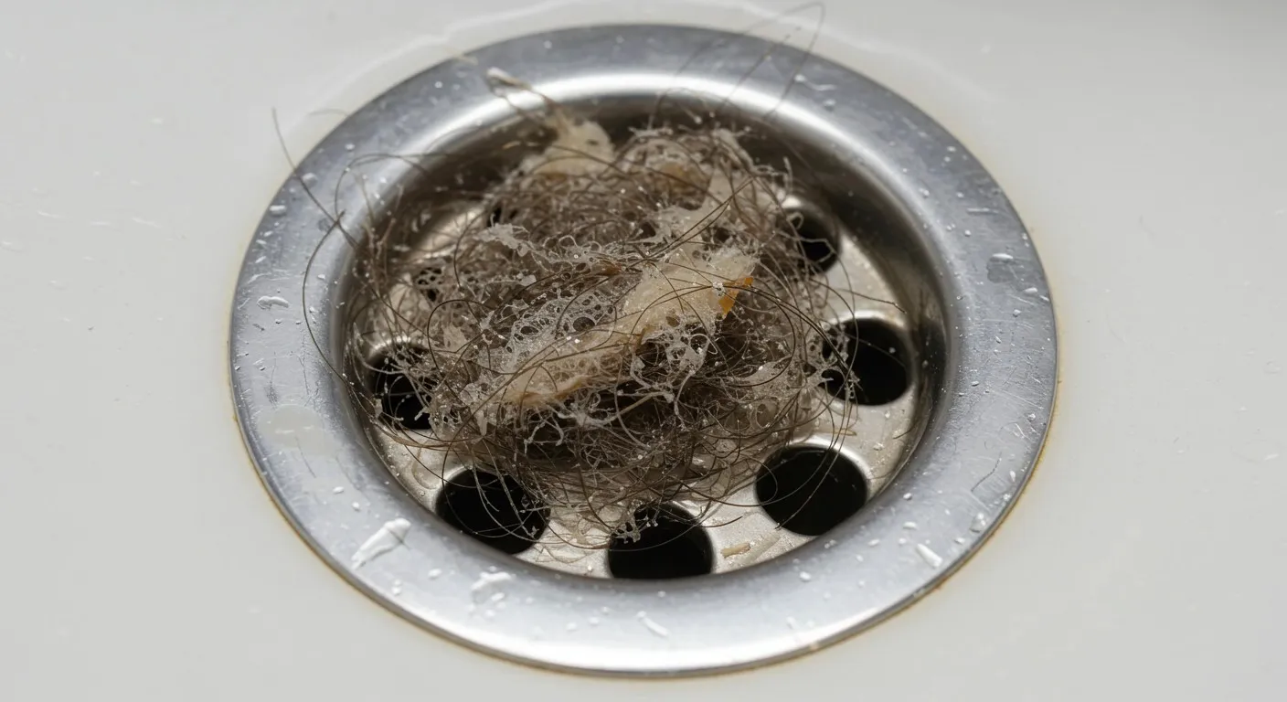 Tangled hair clump clogging a shower drain with water droplets