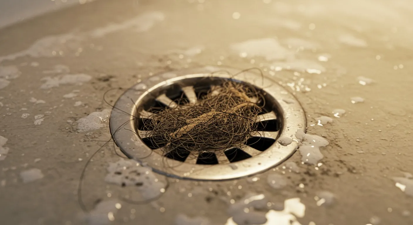 Hair clogged in shower drain with water droplets around