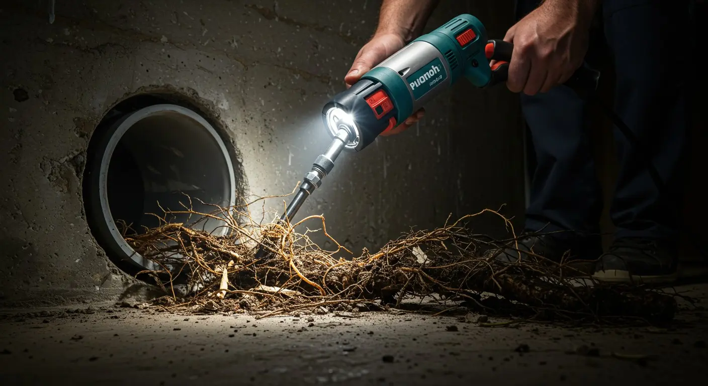 Power drill illuminating tangled roots near concrete pipe opening