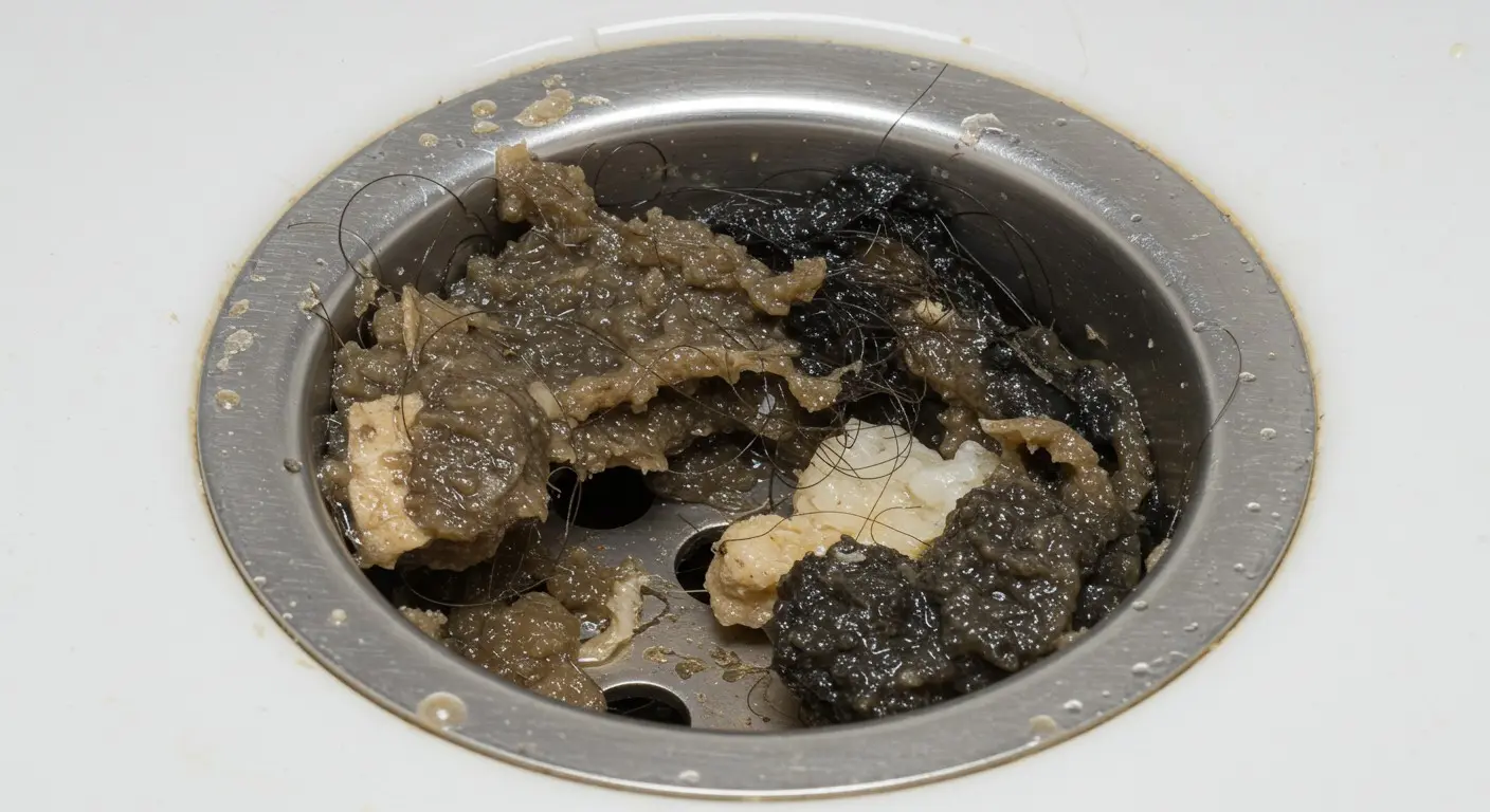 Clogged drain filled with hair, debris, and grime blocking water flow