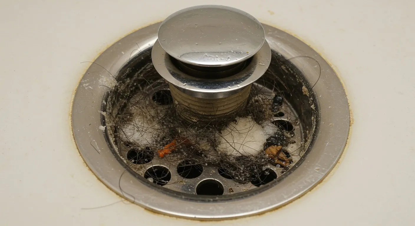 Clogged shower drain with hair, debris, and metal drain cover