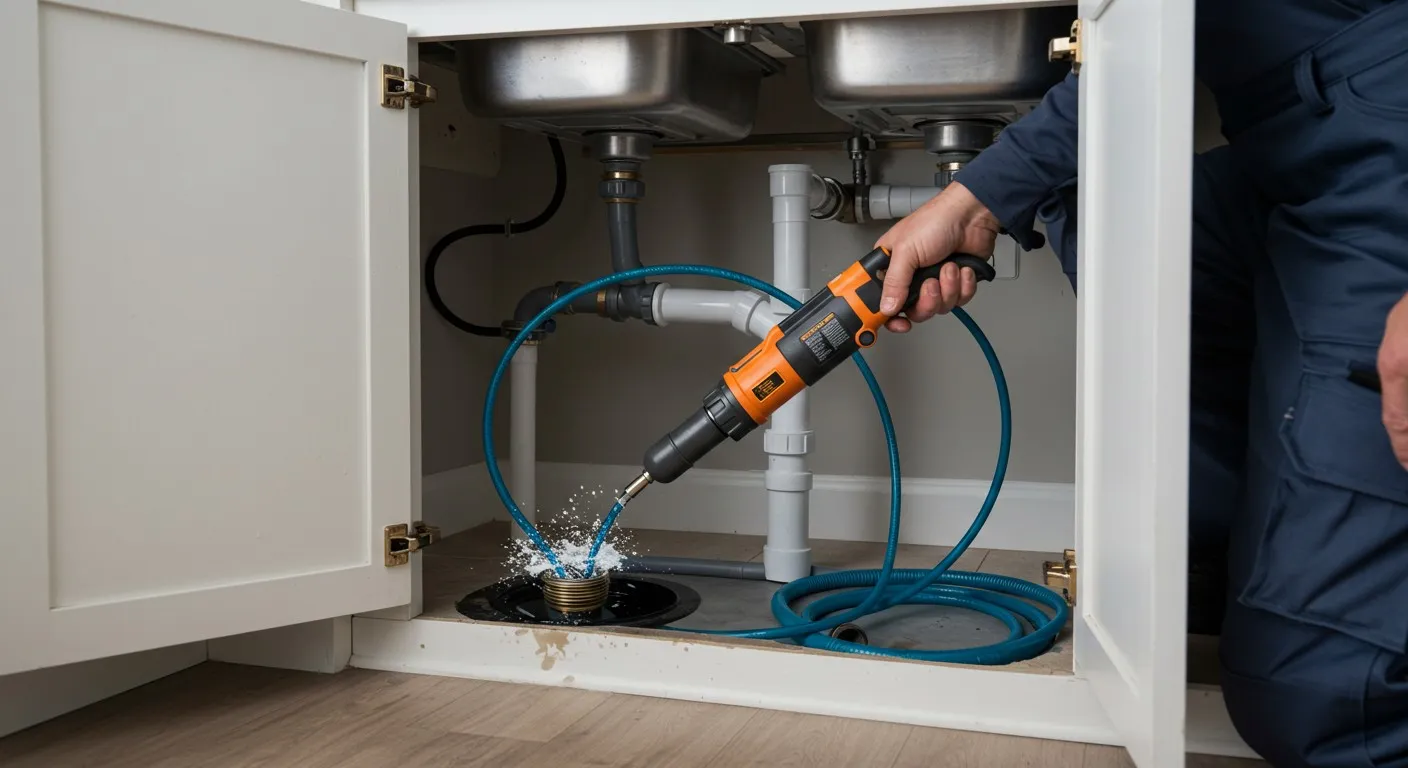 Plumber using high-pressure water jet to clear kitchen sink drain pipes