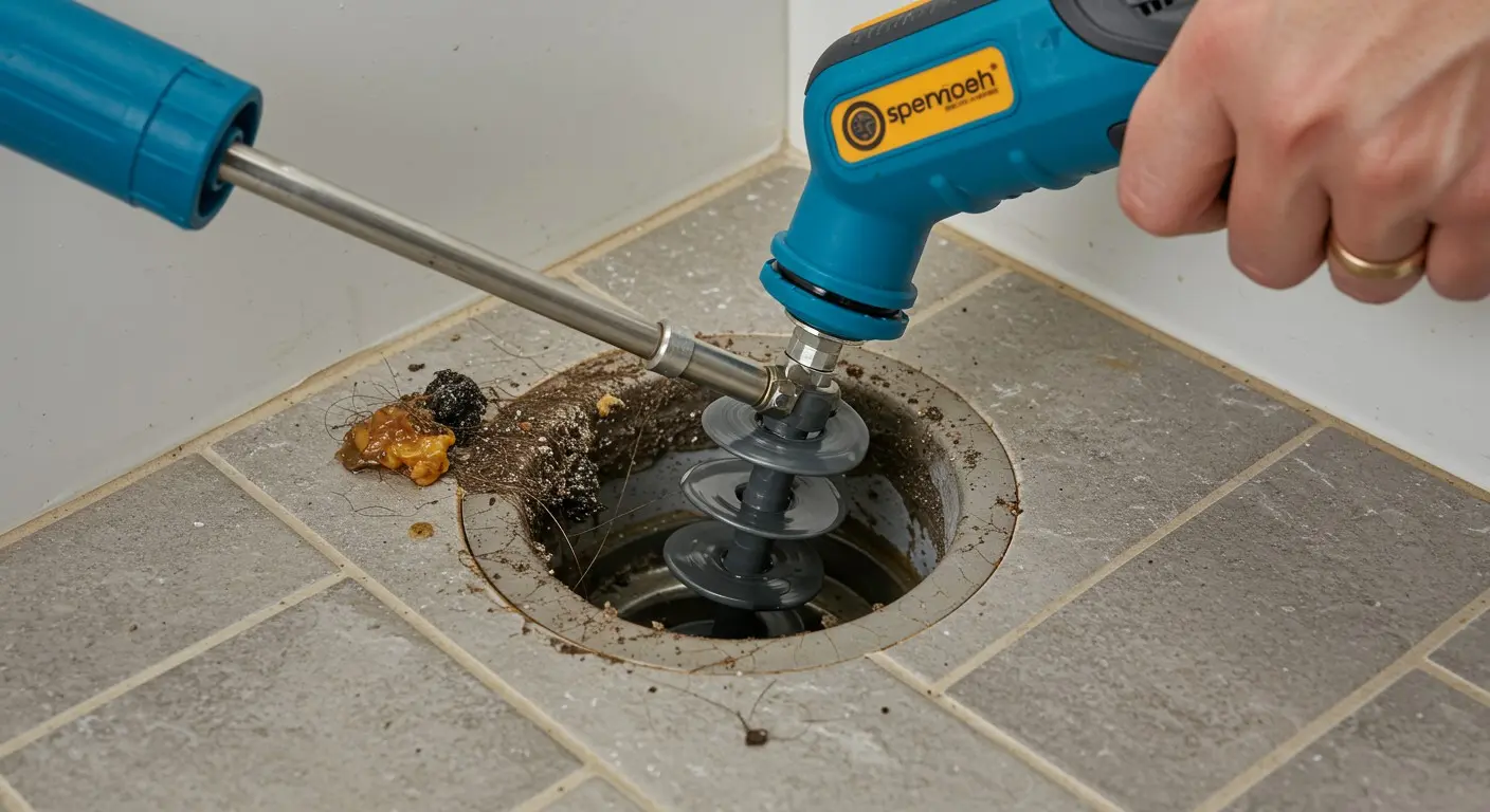 Blue drain cleaning tool clearing clogged shower drain with debris