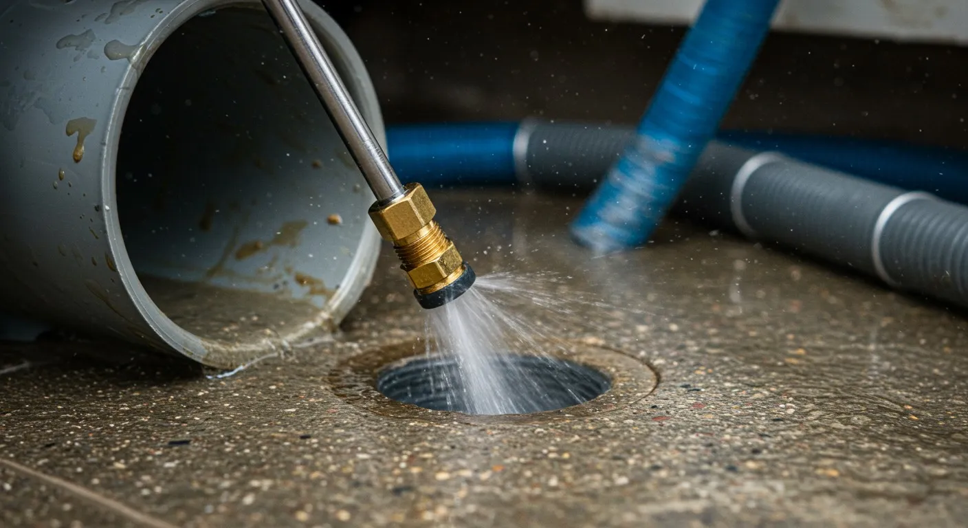 Pressure washer spraying water into drain with metal bucket nearby