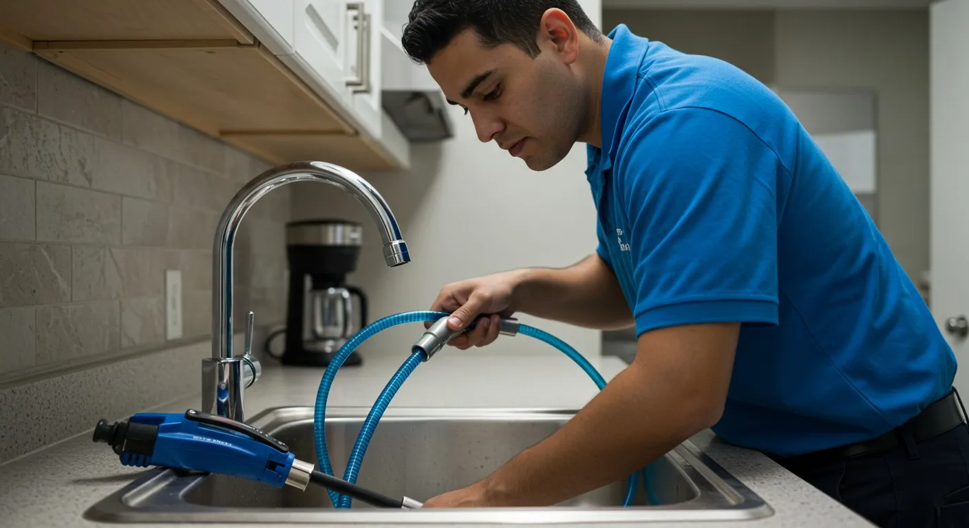 Worker in blue shirt attaching blue hose to kitchen sink faucet