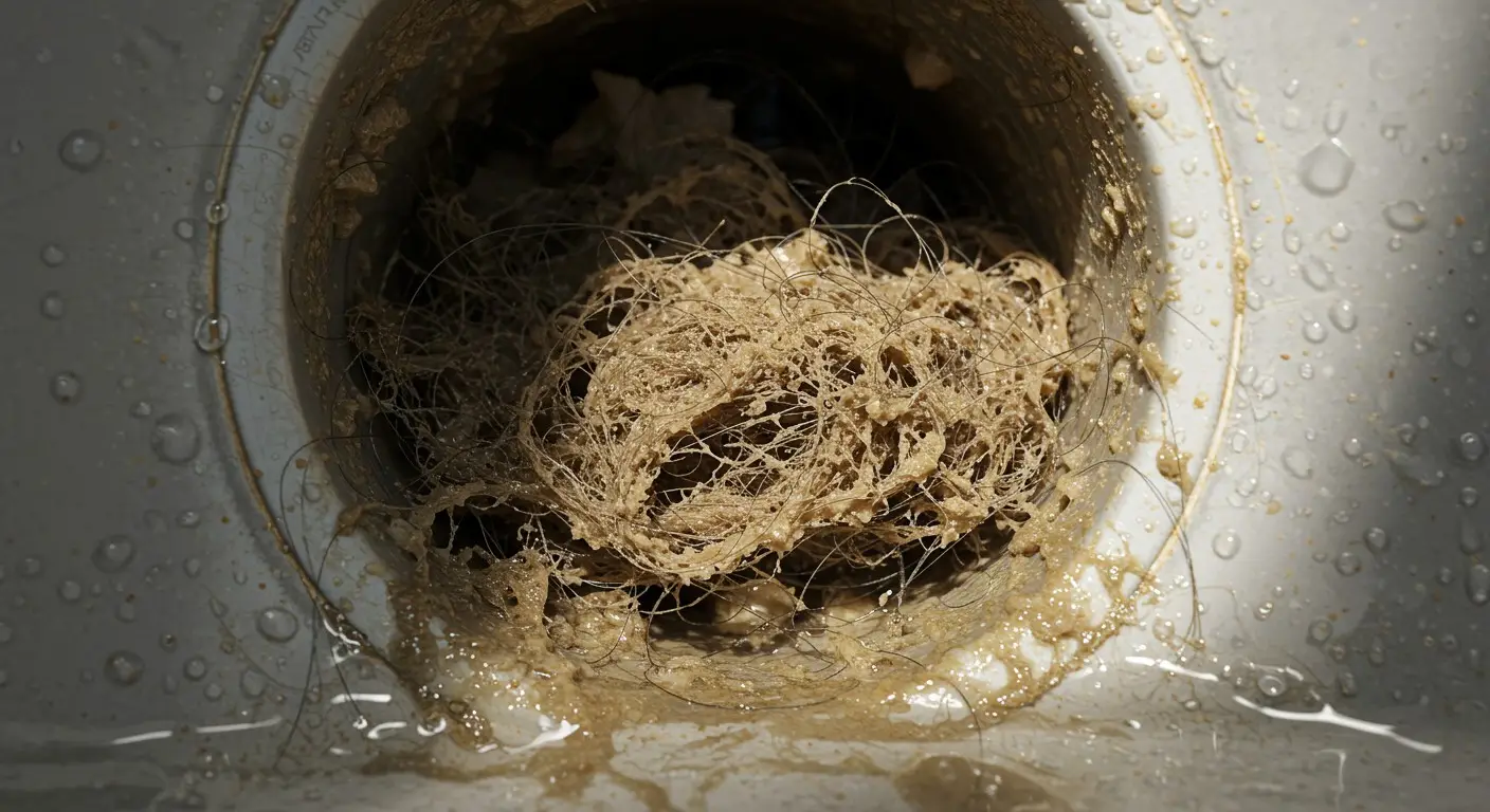 Tangled hair and debris clogging a drain with water droplets
