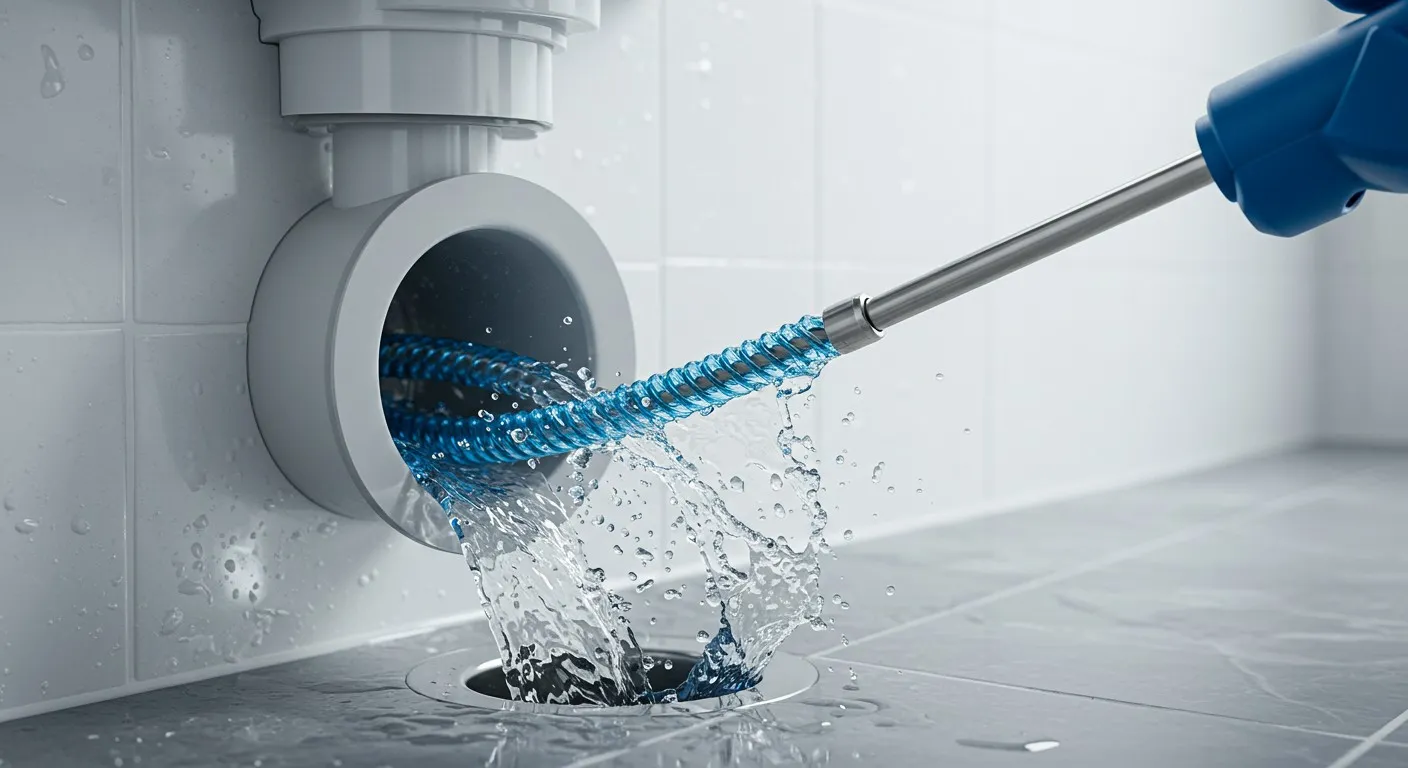 Blue water jet cleaning drain with splashing water droplets