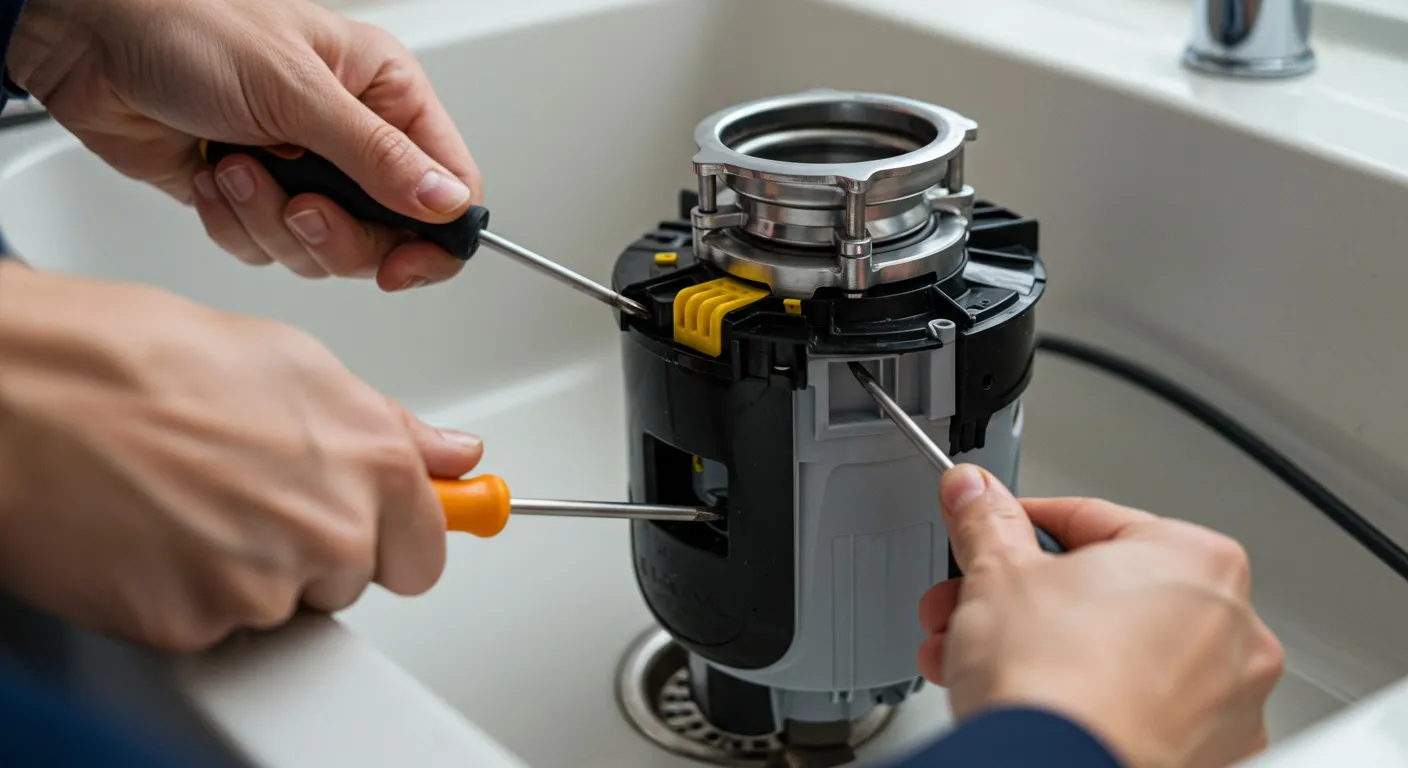 Hands repairing a kitchen sink garbage disposal with screwdrivers