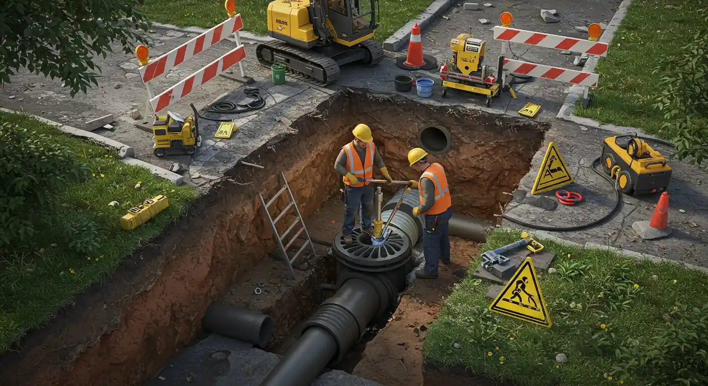 Construction workers repairing underground pipe with excavators and safety barriers
