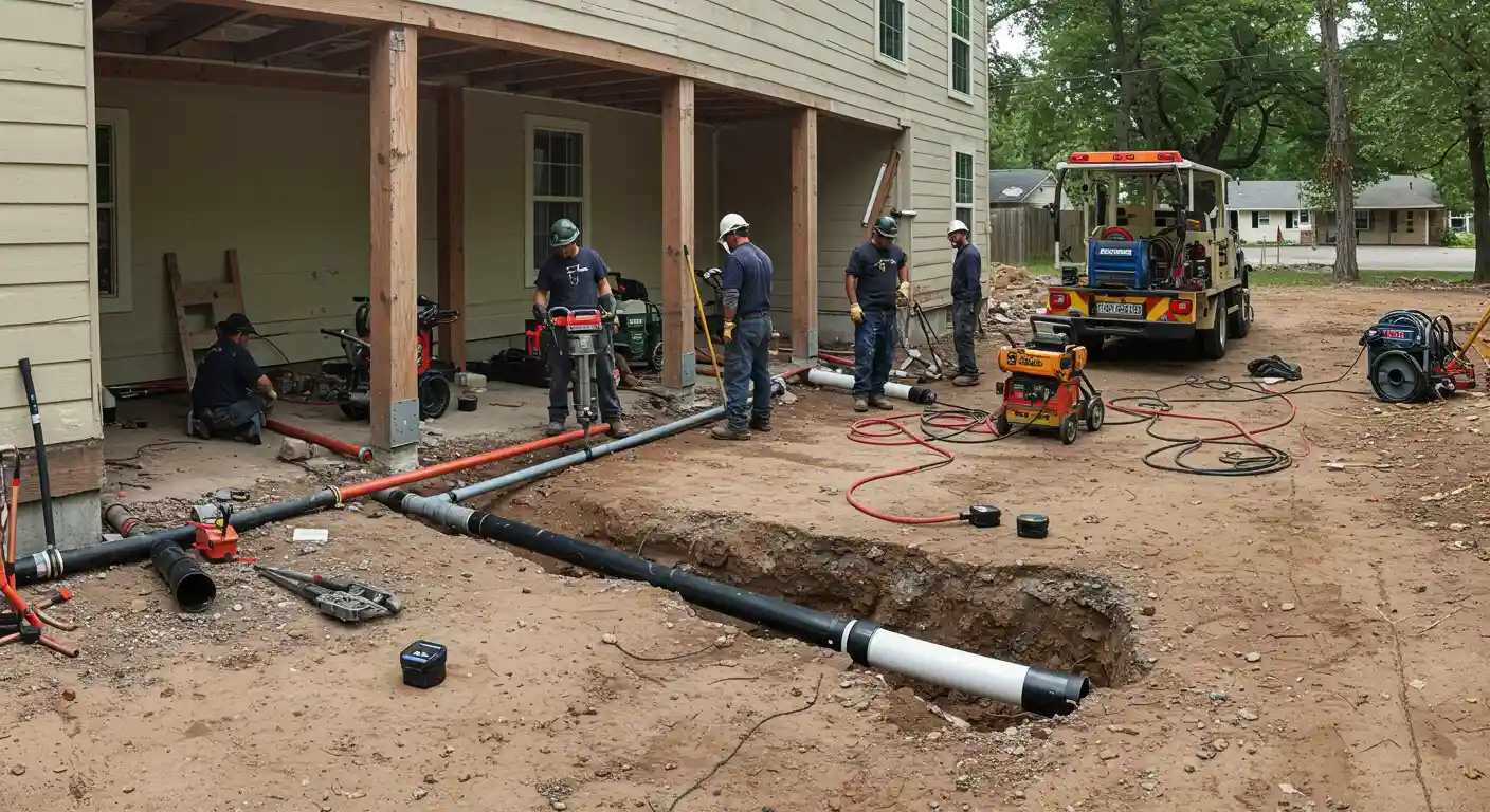 Construction workers installing underground pipes next to residential building