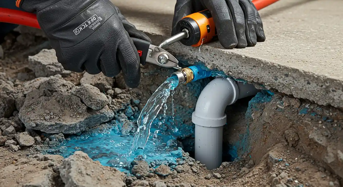 Plumber repairing broken water pipe with water flowing in excavated ground