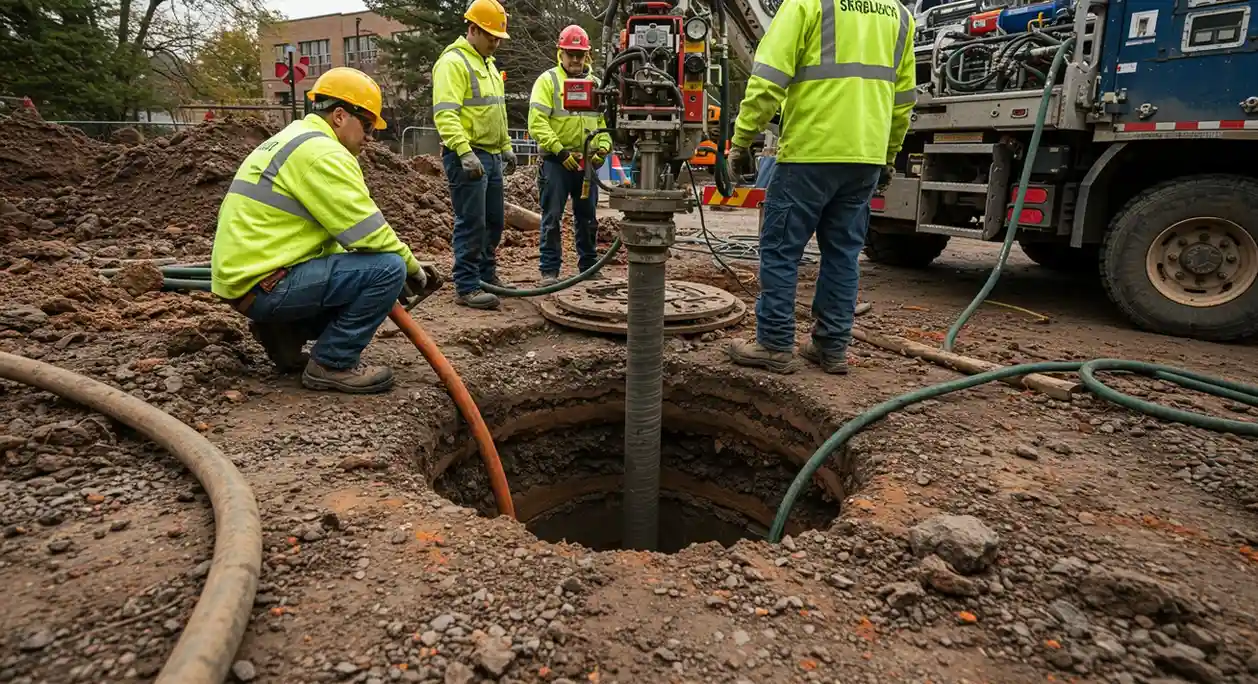 Construction workers digging hole with heavy equipment and safety gear