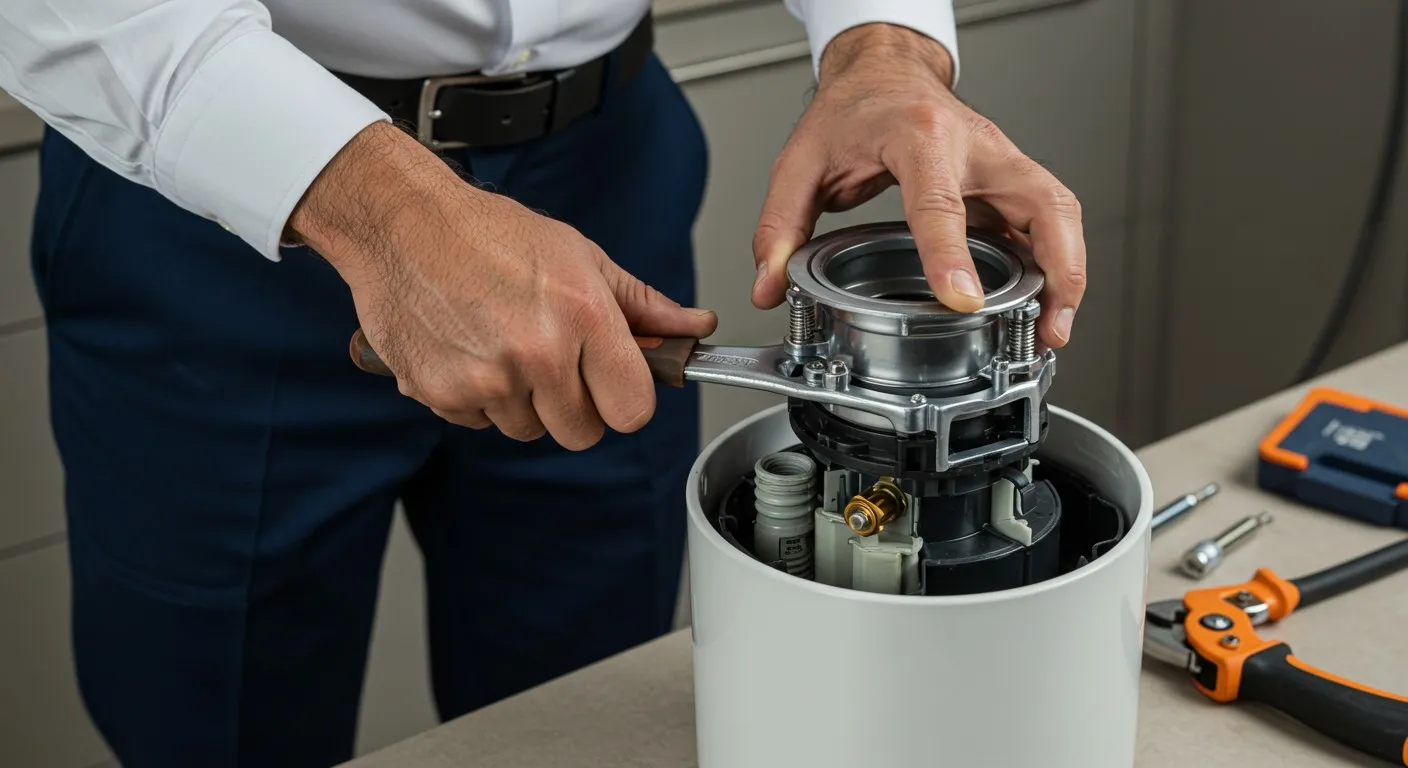 Technician adjusting precision mechanical device in white cylindrical container