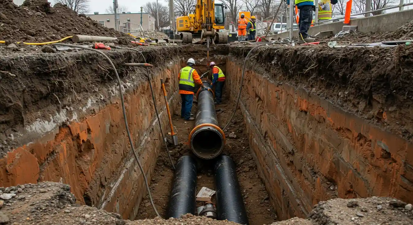 Construction workers installing large underground pipes in a deep trench