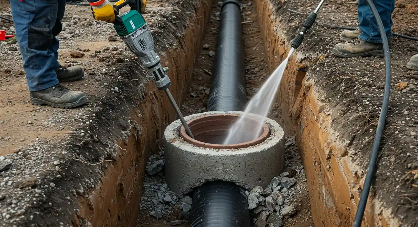 Workers installing underground pipe using water jet and specialized equipment
