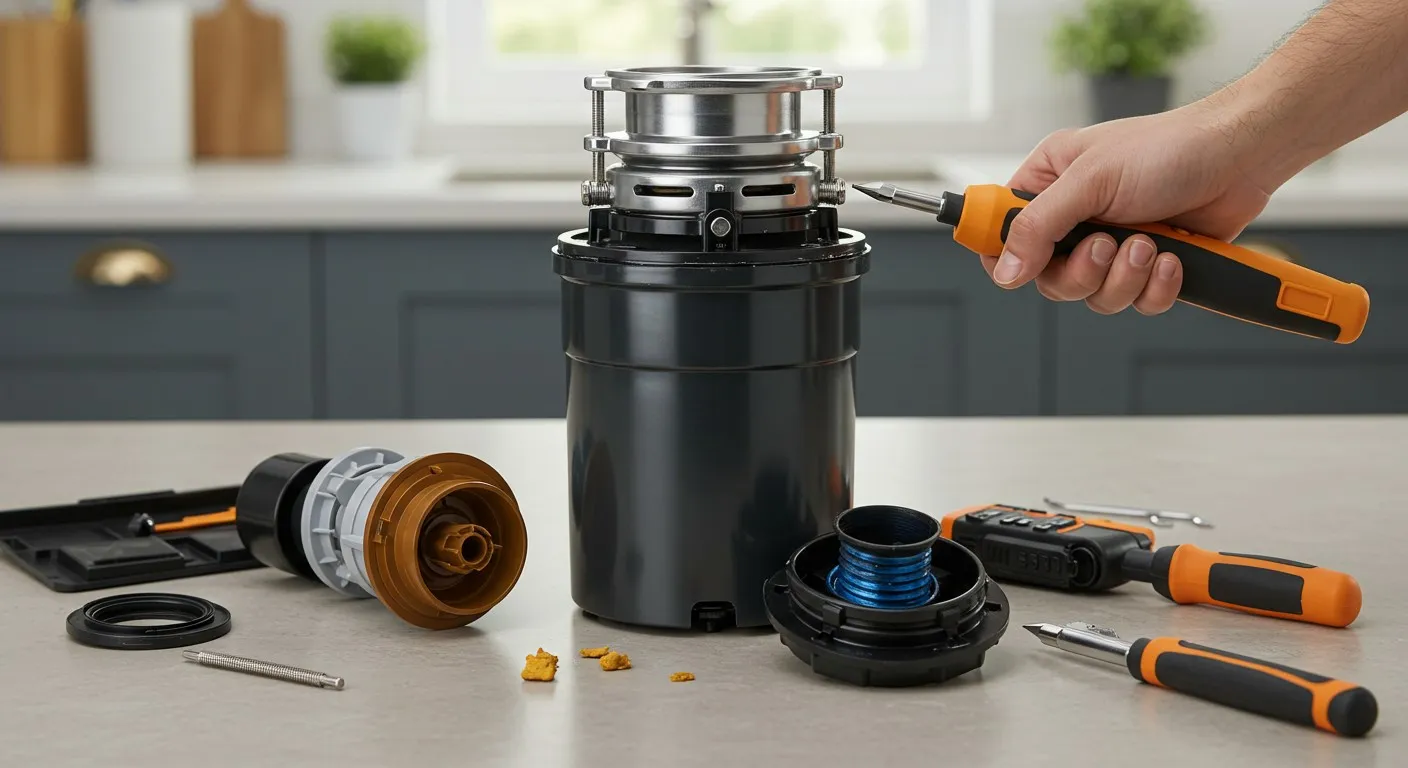 Disassembled garbage disposal with tools and parts on kitchen counter