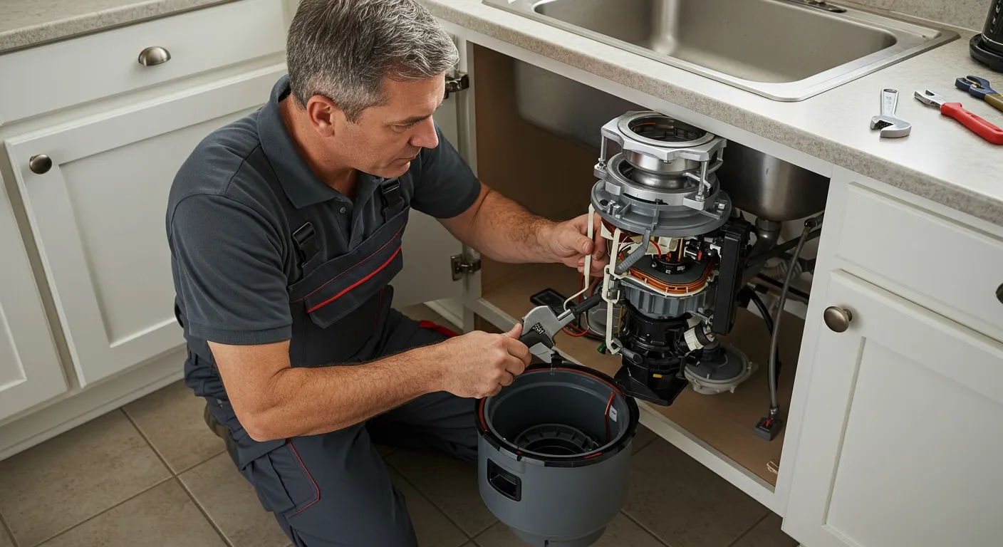 Technician repairing garbage disposal under kitchen sink with tools