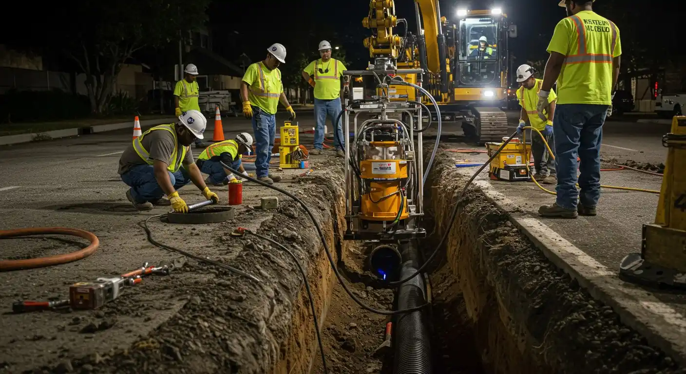 Construction workers installing underground utilities at night with heavy equipment