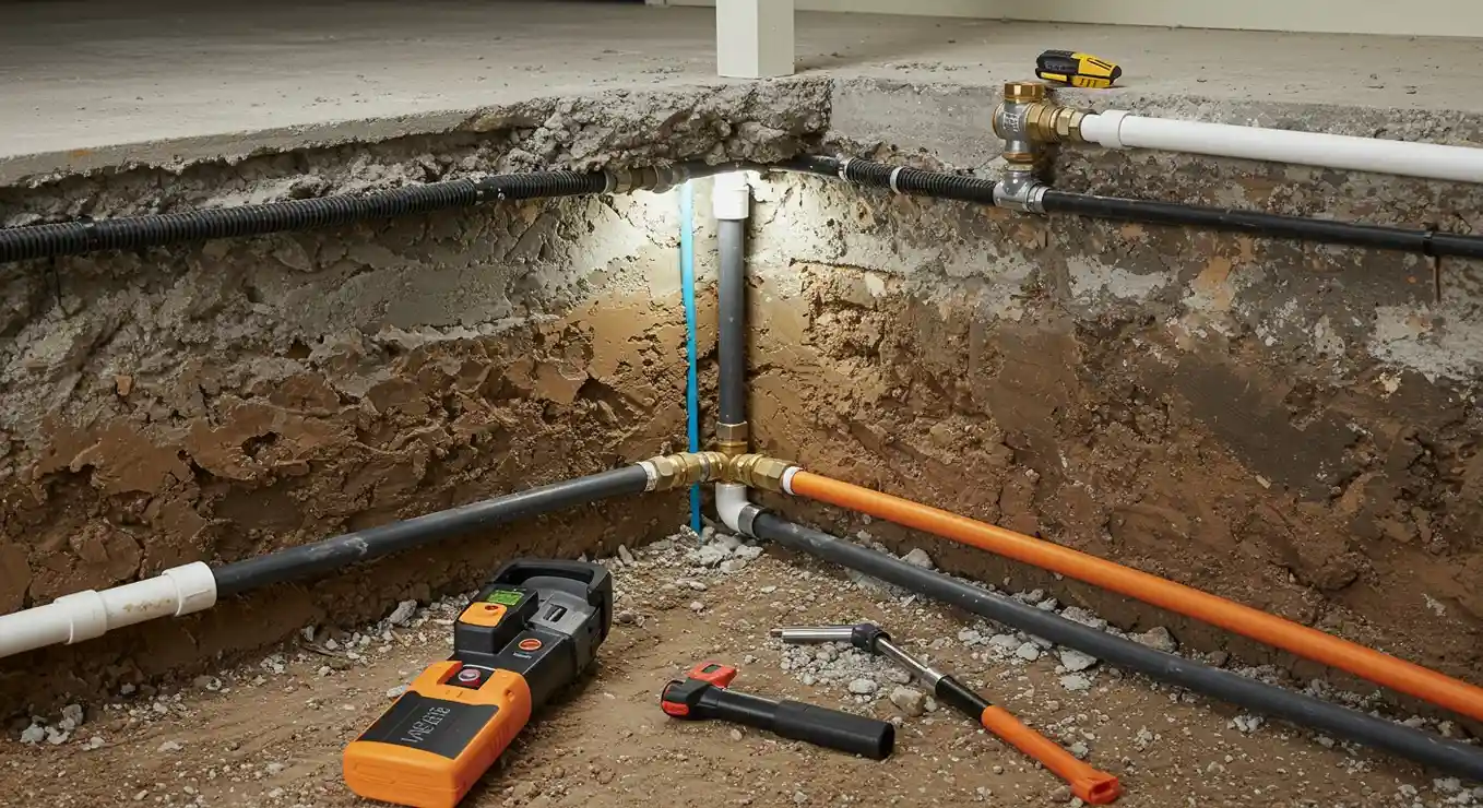 Plumbing pipes and tools in an excavated ground during construction work
