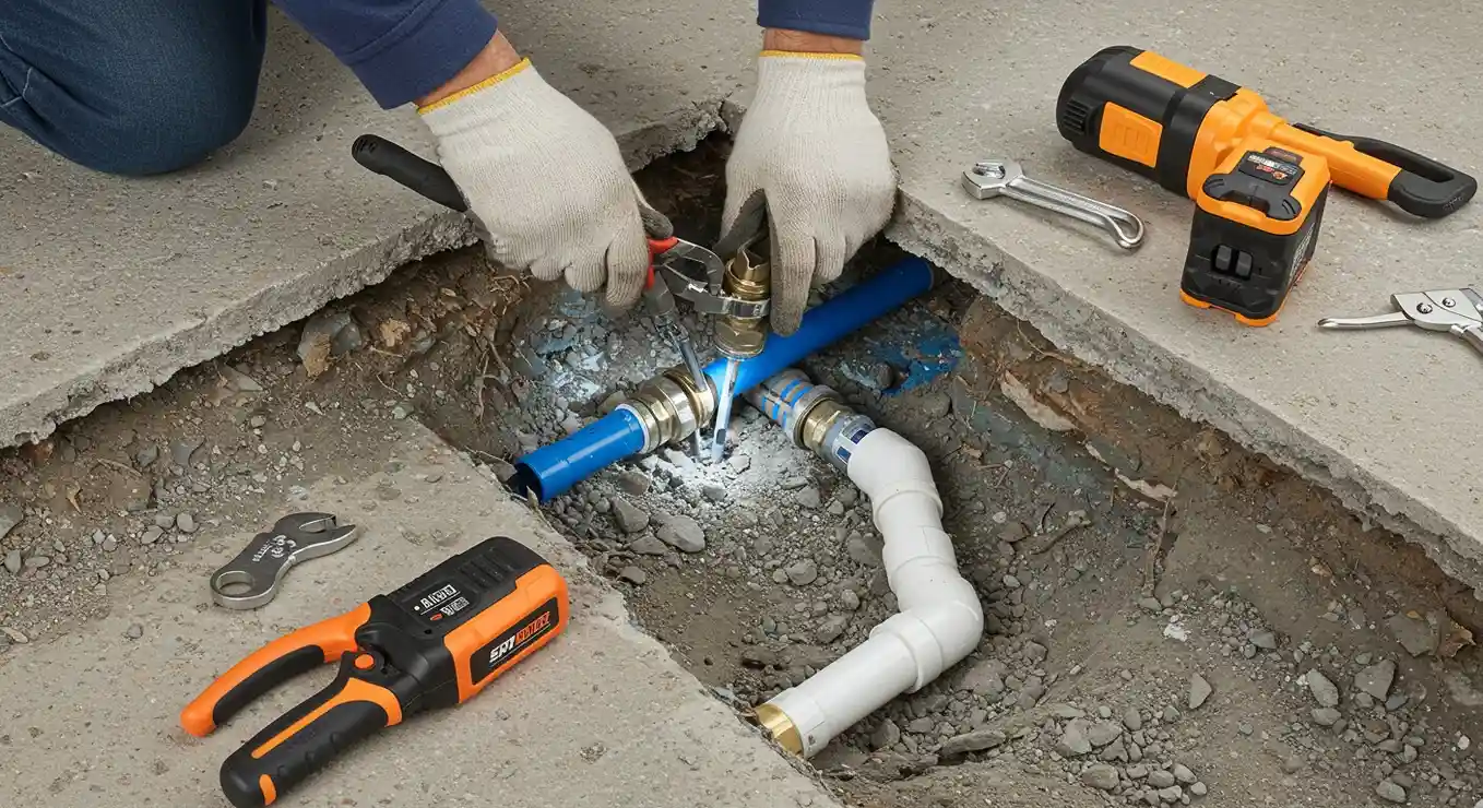 Plumber repairing pipes under concrete with tools and gloved hands