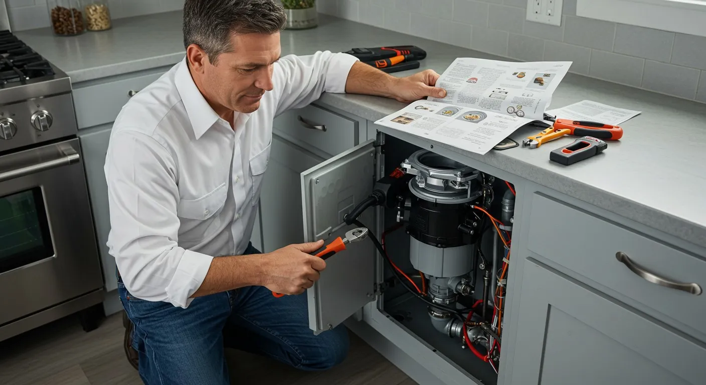 Technician repairing kitchen appliance with manual and tools on countertop