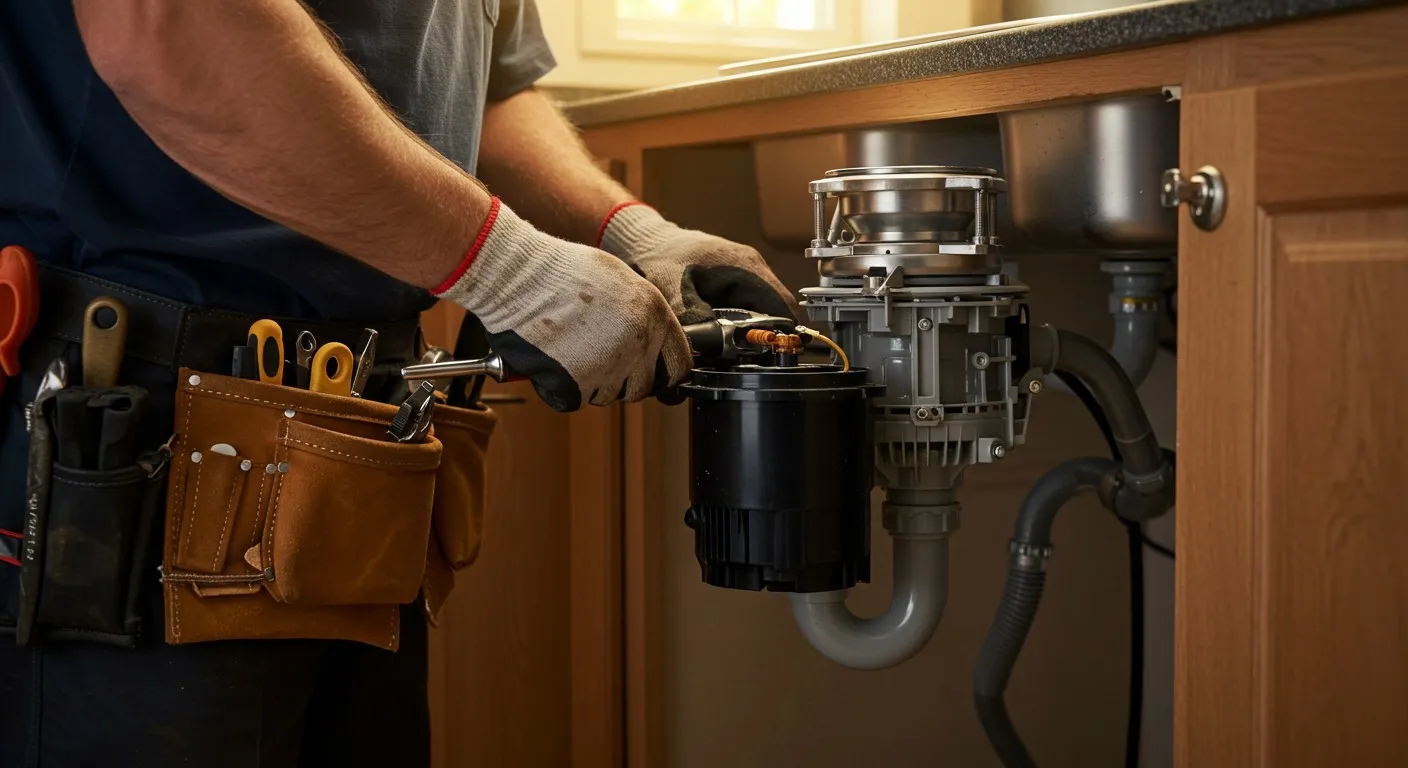 Plumber repairing kitchen sink garbage disposal with tools nearby