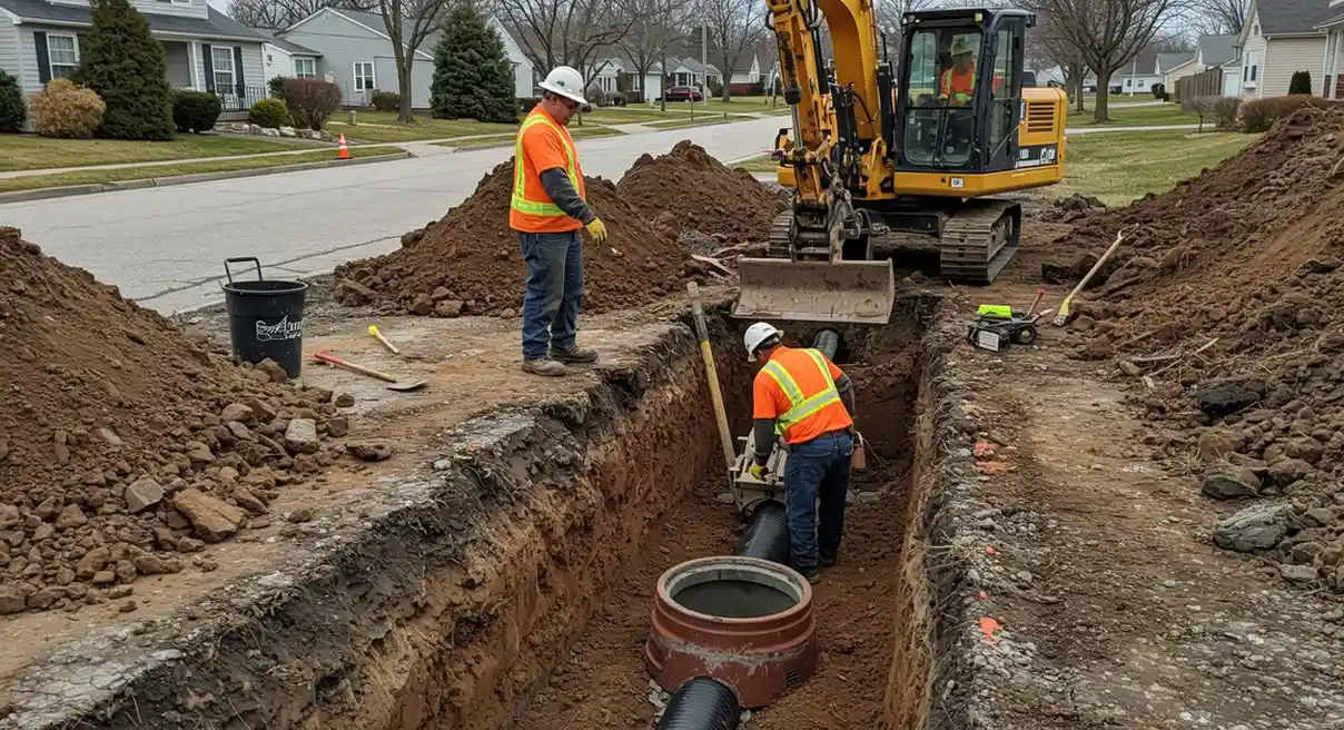 Construction workers installing underground pipes with excavator in residential area