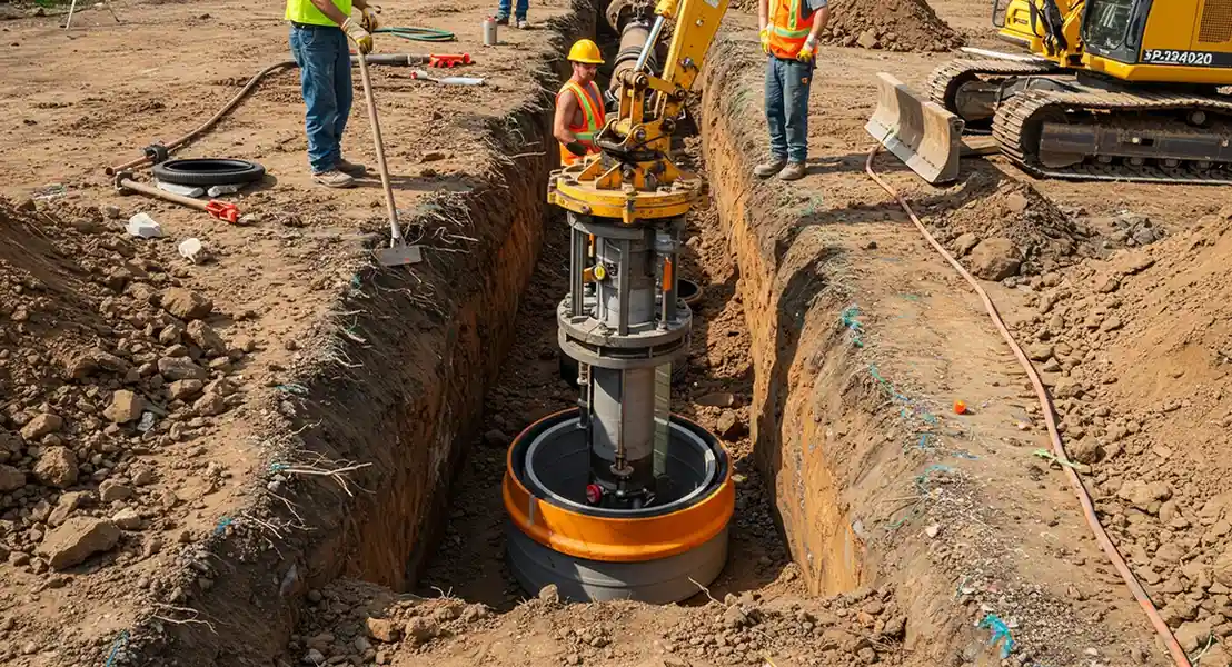 Construction workers installing large machinery in deep excavation trench