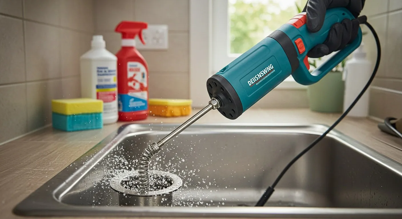Electric drain cleaner spraying water in kitchen sink with cleaning supplies
